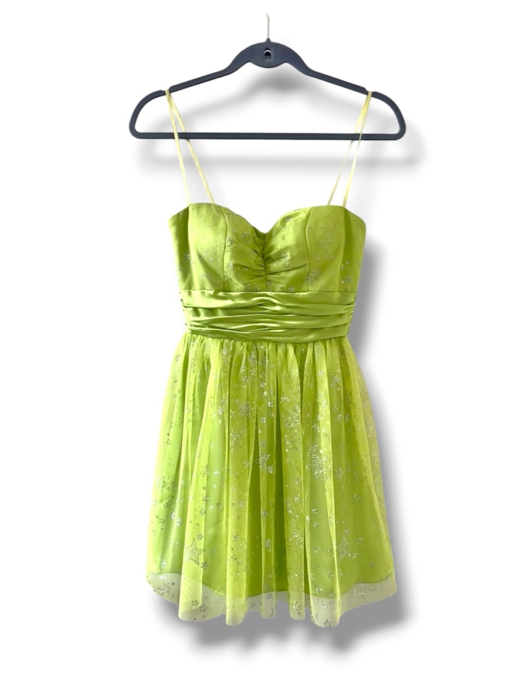 Vintage Y2K Mxi Lime Green Star Print Tulle Mini Dress Women’s Size 3 Scene Kid